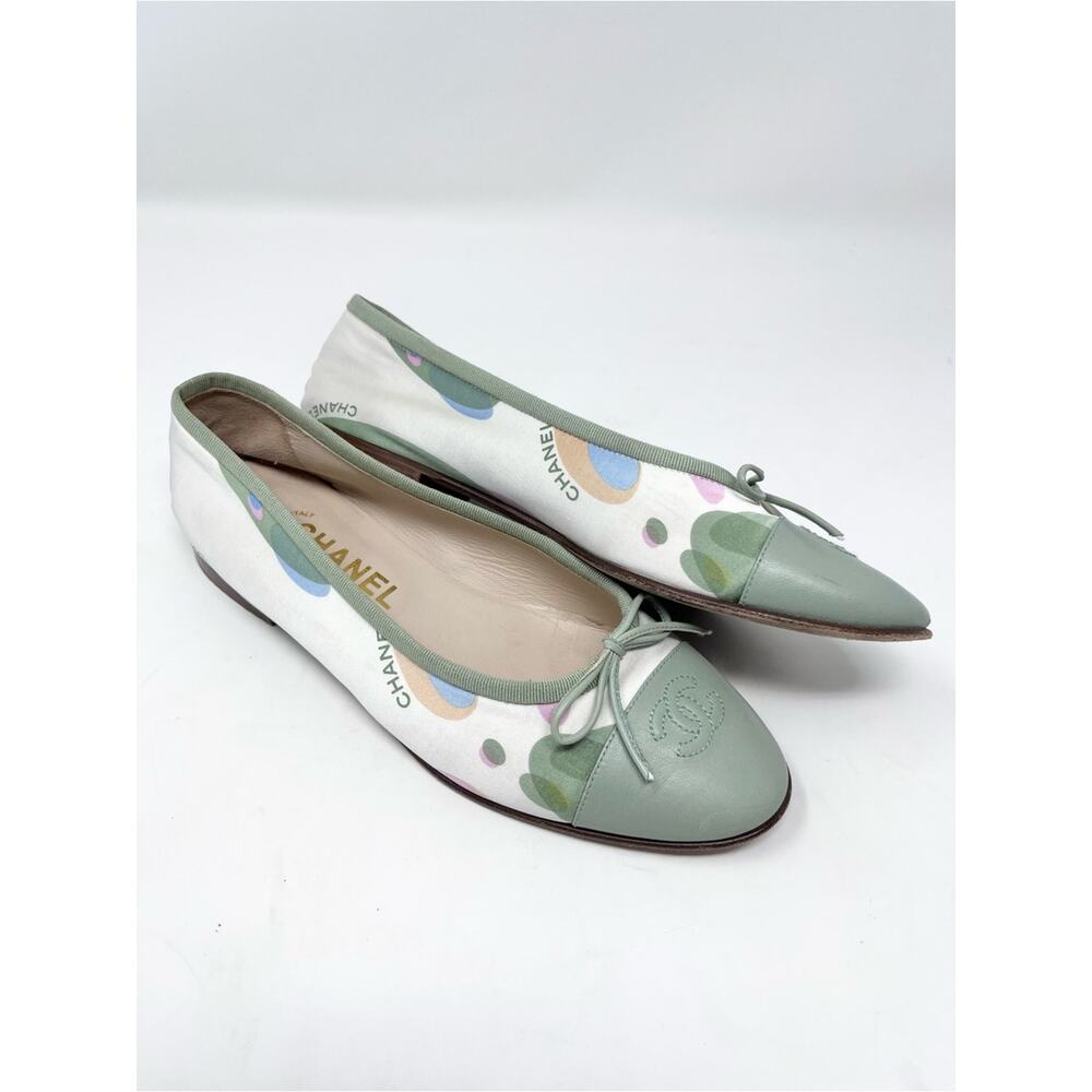 Chanel CC Cap Toe Green Leather Ballet Flat Satin Vintage Karl Lagerfeld size 39 - Picture 2 of 7